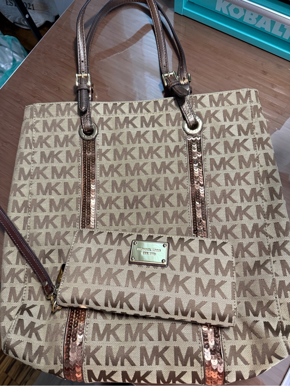 Michael Kors Tan and Brown MK Logo Tote with Rose-Gold Trim